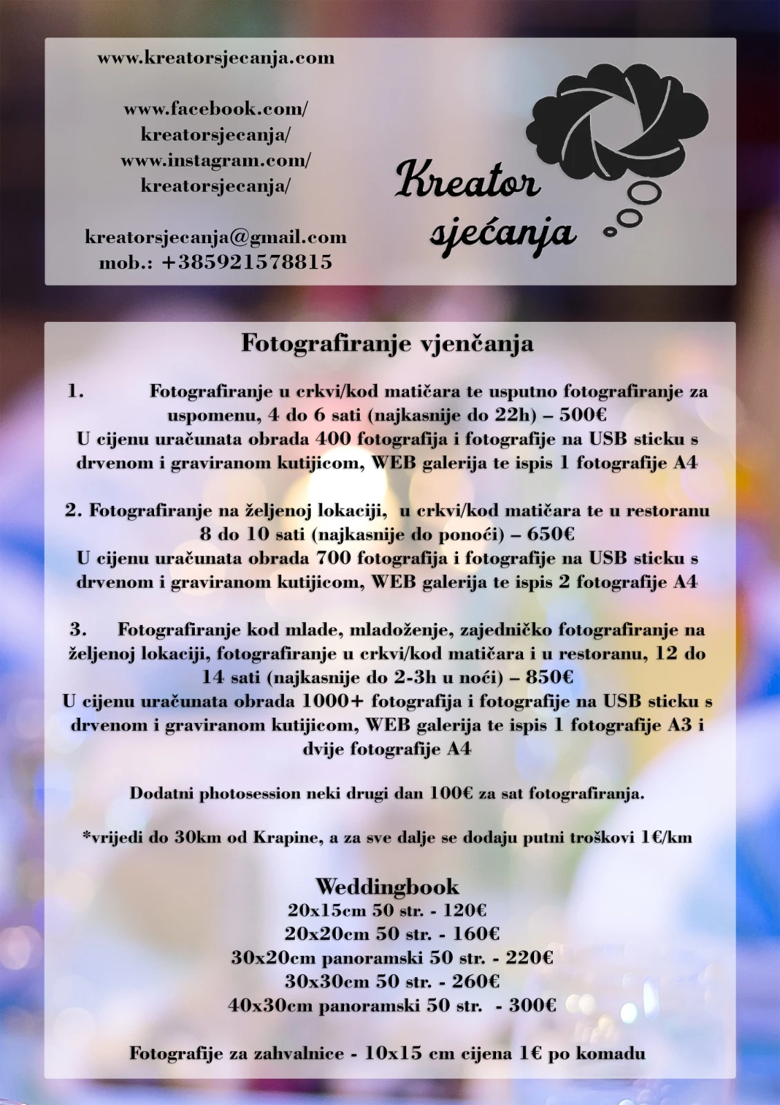 Važeći cjenik fotografiranja vjenčanja